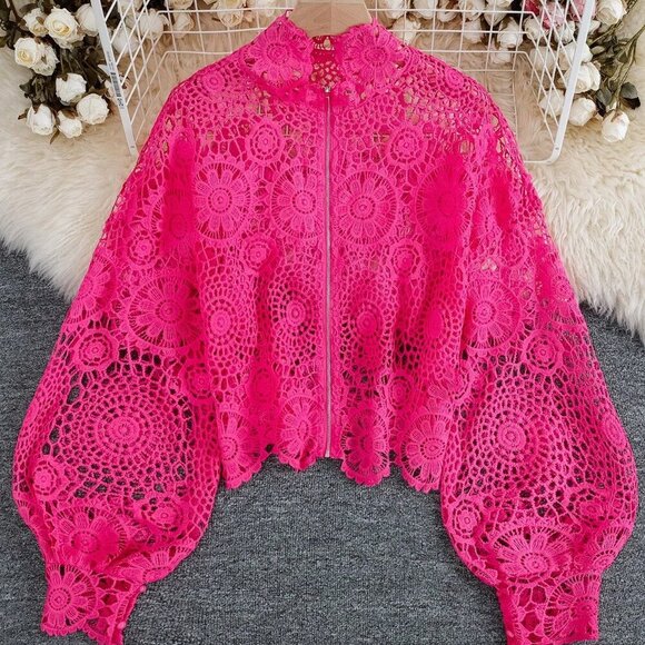 Tops - Hot Pink Elegant Women's Floral Lace Hollow Zipper Front Long Sleeve Blouse